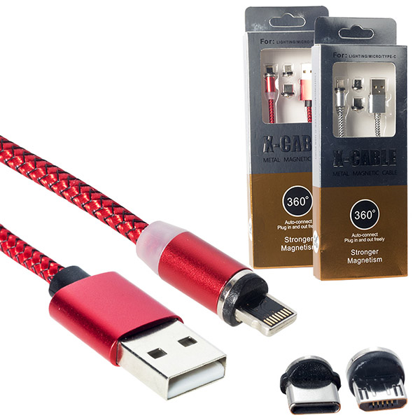 Powermaster Mıknatıslı Değiştirebilir Uç Micro USB , Type-C , Lightning Metal Örgülü Şarj Data Kablosu