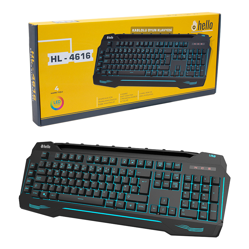 Hello HL-4616 4 Makro Tuşlu RGB 3 Renk Işıklı Oyuncu Klavye
